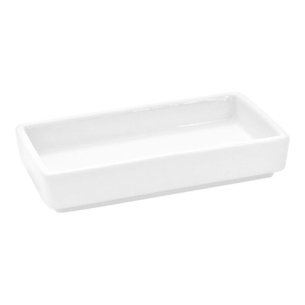 A bright white rectangular porcelain ramekin with a 2.5 oz. capacity.
