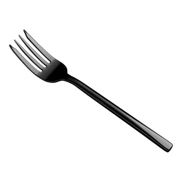 A black, four-tined fork with a sleek, modern design is shown against a white background.