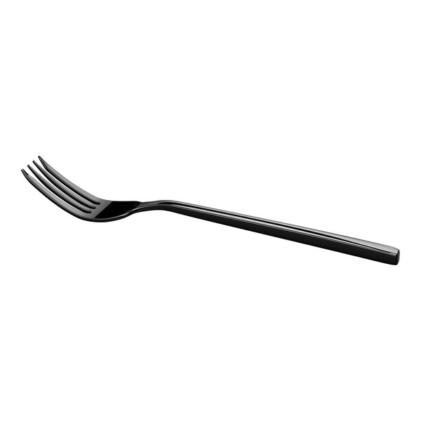 A black, four-tined fork with a sleek, modern design is shown against a white background.
