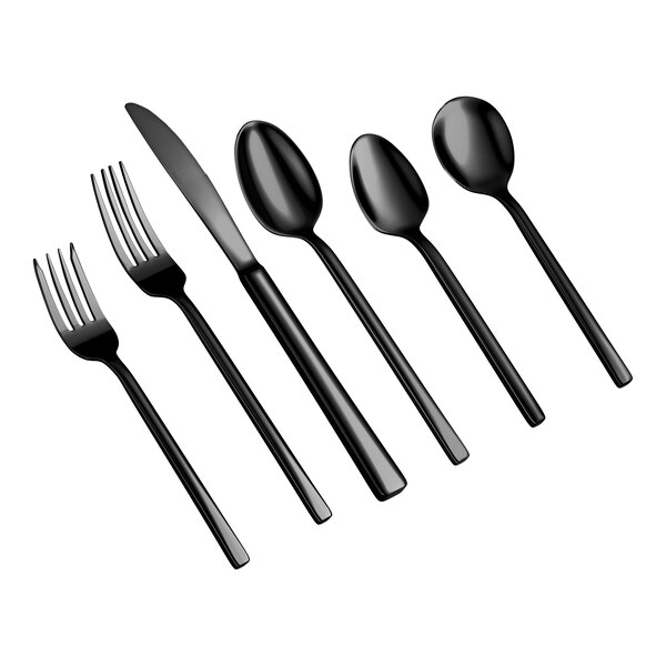 Six pieces of black cutlery, including two forks, one knife, and three spoons, are arranged side by side on a white background.