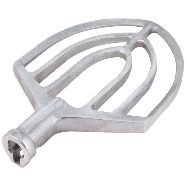 A silver metal Hobart Classic flat beater with a hole in the end.