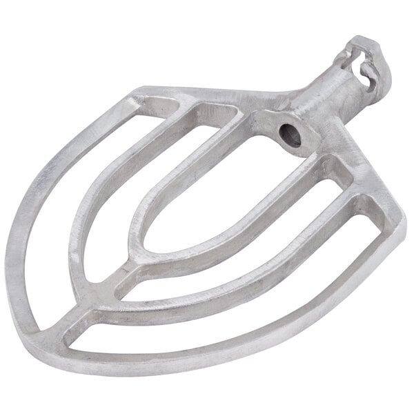 An aluminum flat beater attachment for a Hobart mixer with a silver finish.