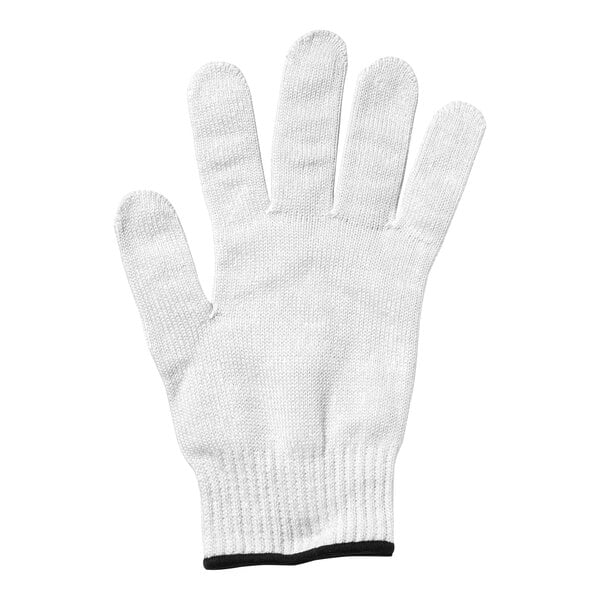 A white Mercer Culinary Millennia cut-resistant glove with black trim.