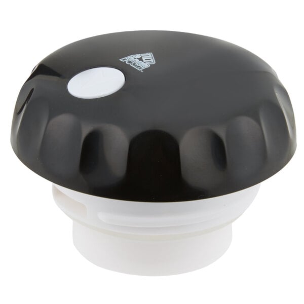 A black plastic lid designed for the Vollrath SwirlServe Tilt & Pour 64 oz. beverage server.