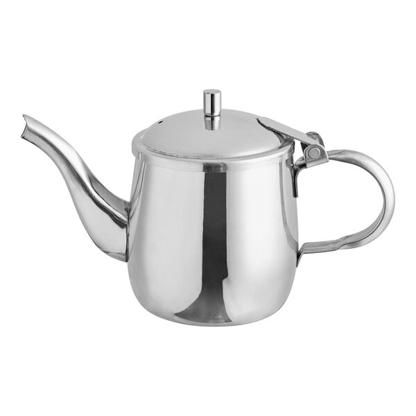 A Vollrath stainless steel gooseneck teapot with a lid.