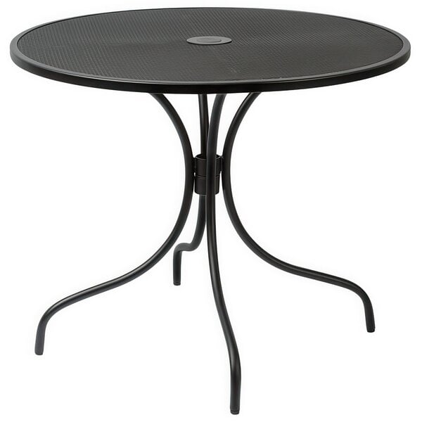 A BFM Seating black steel table with a round top.