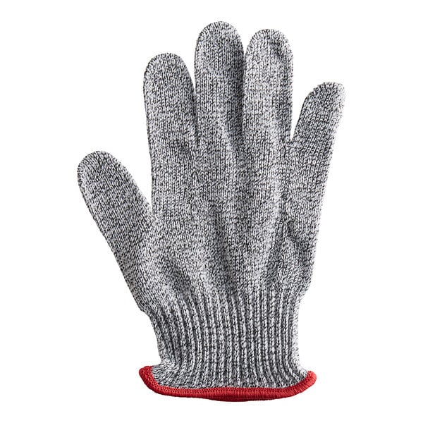 A grey knitted glove with red trim.