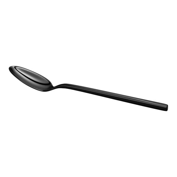 A black, stainless steel spoon with a long handle and an oval-shaped bowl, shown on a white background.