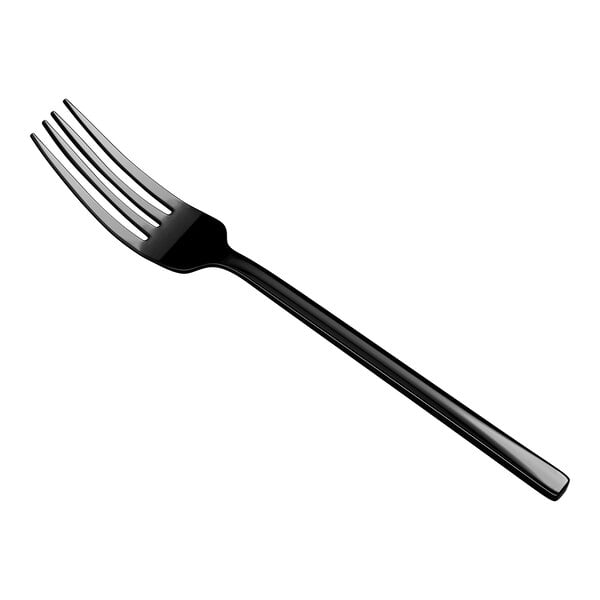 A black, four-tined dinner fork with a sleek, modern design is shown against a white background.