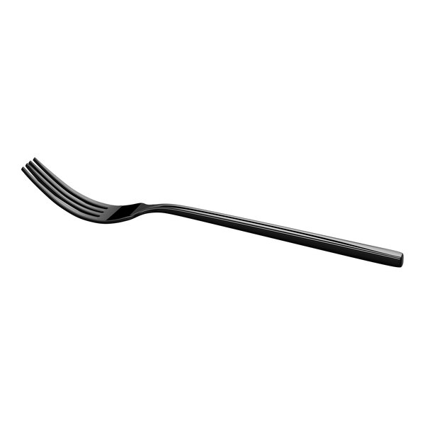 A black, four-tined dinner fork with a sleek, modern design is shown against a white background.
