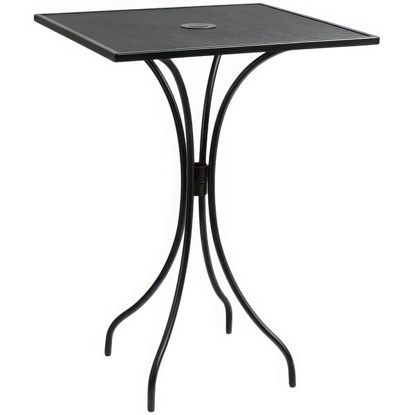 A BFM Seating black square table with metal legs.