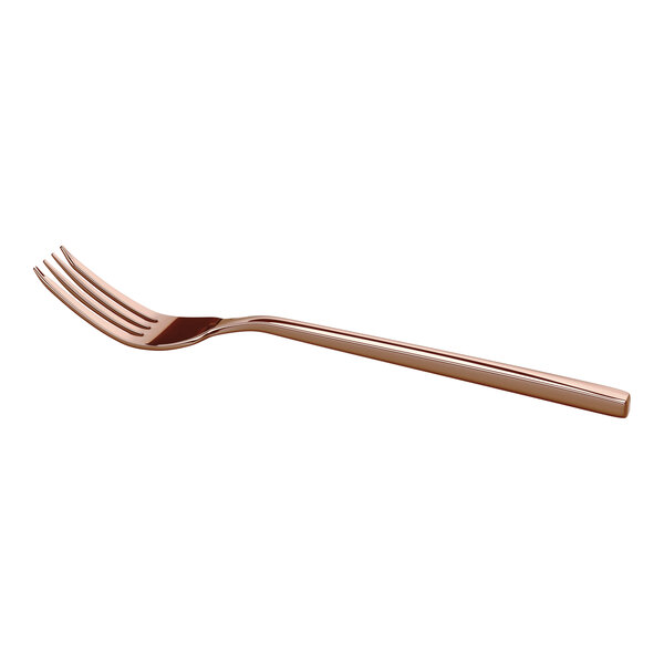 A metallic rose gold fork with a sleek, modern design is shown against a white background.