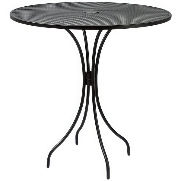 A BFM Seating Barnegat round black table with a metal base.