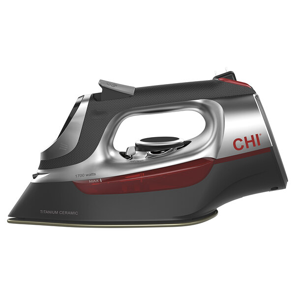 A close-up of a Hamilton Beach CHI steam iron with red trim and silver accents.