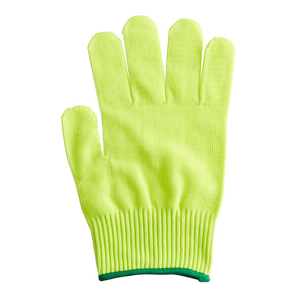 A yellow Mercer Culinary Millennia A4 level cut-resistant glove with a green band.