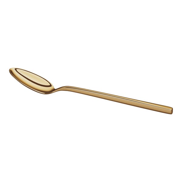 A gold-colored metal spoon with a long handle and an oval-shaped bowl, shown on a white background.