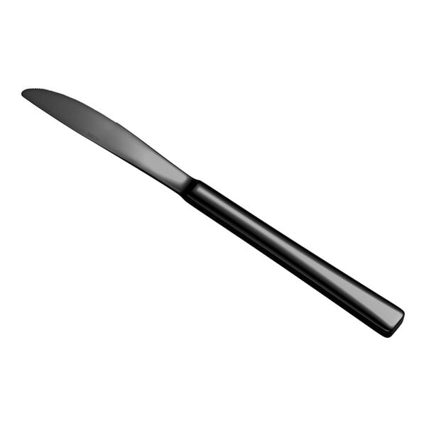 A black dinner knife with a smooth handle and a slightly serrated blade, shown against a white background.