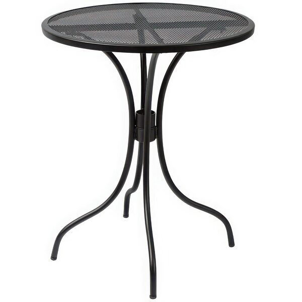 A BFM Seating black steel round dining height table with a mesh top.