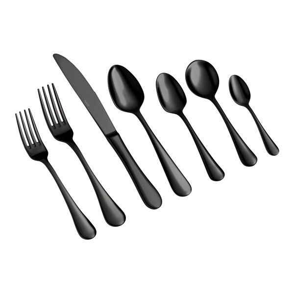 Seven pieces of black cutlery, including two forks, a knife, and four spoons, are arranged in a row on a white background.