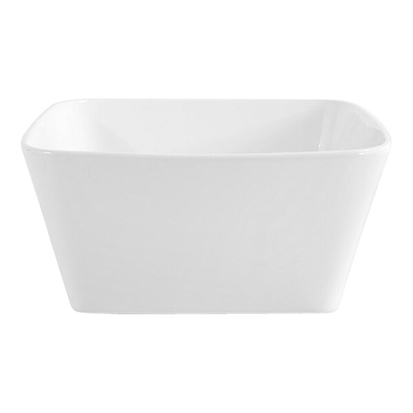 A bright white square porcelain bowl with a 20 oz. capacity.