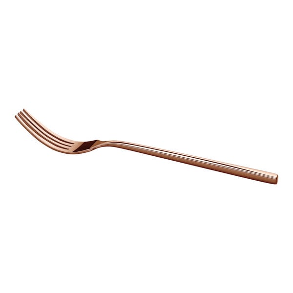 A rose gold-colored metal fork with four tines and a slightly curved handle, shown on a white background.