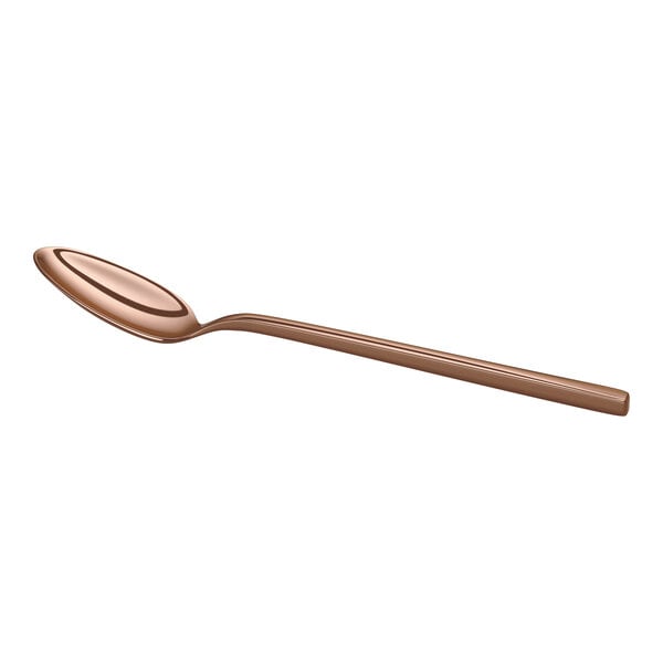 A rose gold-colored metal spoon with a long handle and an oval-shaped bowl, shown on a white background.