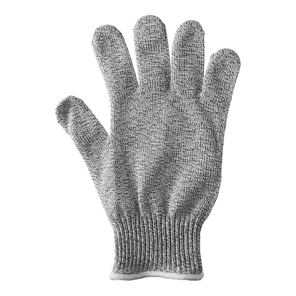 A grey knitted glove with a white band.