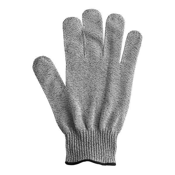 A close up of a grey MercerMax cut-resistant glove with a black wrist.