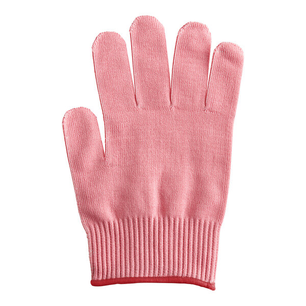 A pink Mercer Culinary Millennia Cut-Resistant glove with five fingers.