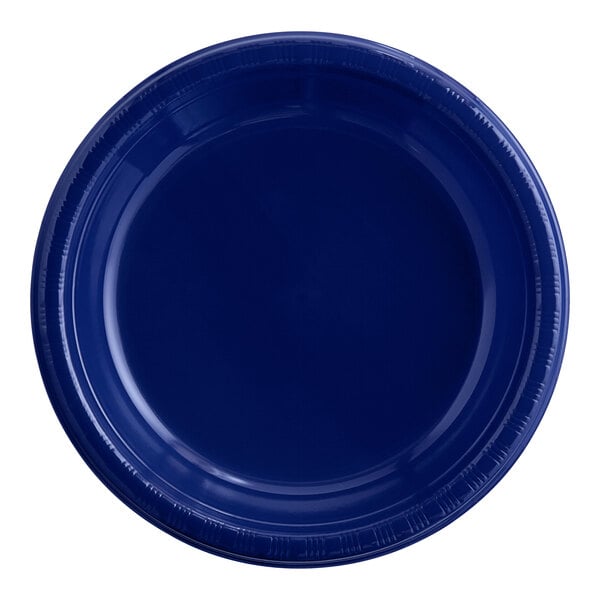 A close-up of a navy blue plastic plate.