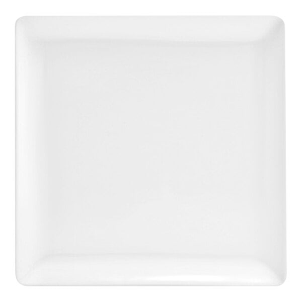A small, bright white square porcelain plate.