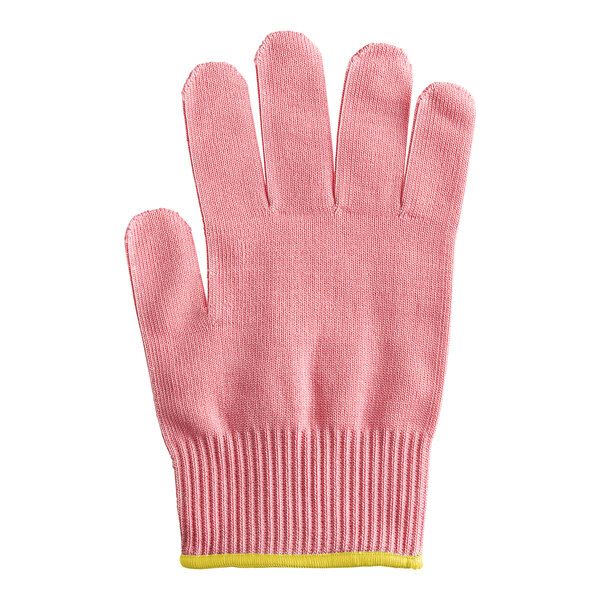 A pink Mercer Culinary Millennia Colors glove with yellow trim.