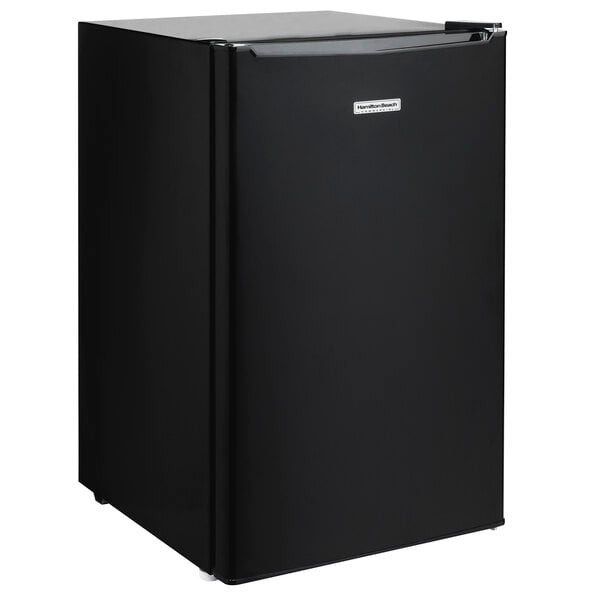A black Hamilton Beach compact refrigerator with a white background.