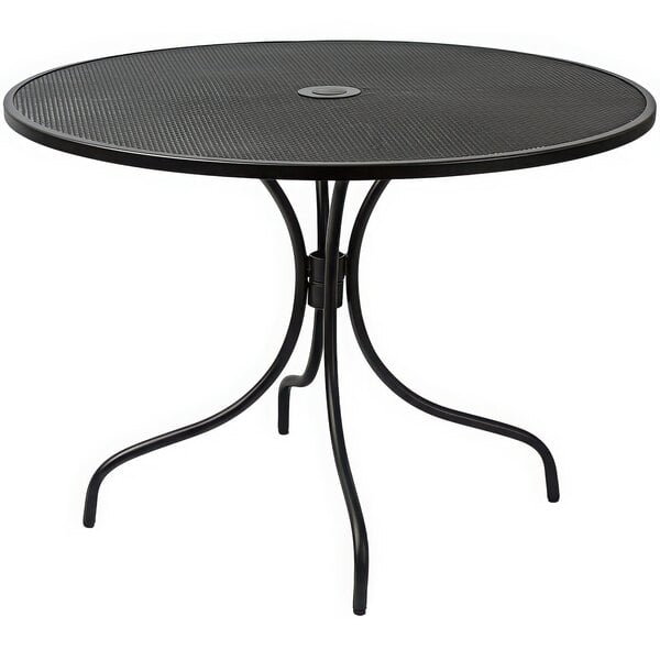 A BFM Seating black round dining height table with a metal base.