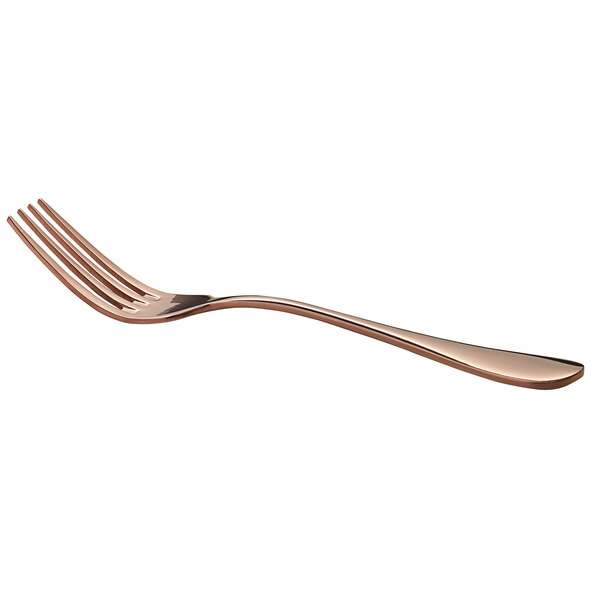 A close up of an Acopa Vernon rose gold stainless steel dinner fork.