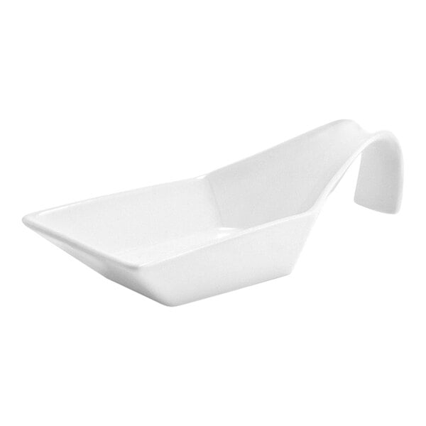 A white porcelain taster spoon with a square bowl and an elevated handle.