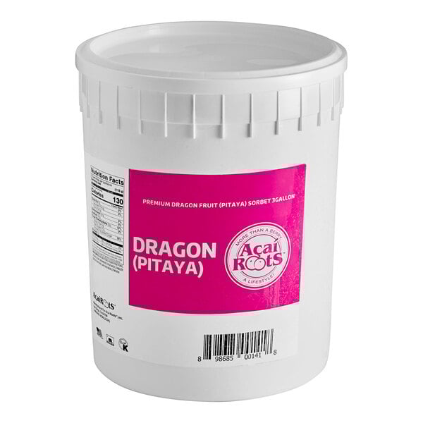 A white bucket of Acai Roots Pitaya Dragon Fruit Sorbet with a pink label.