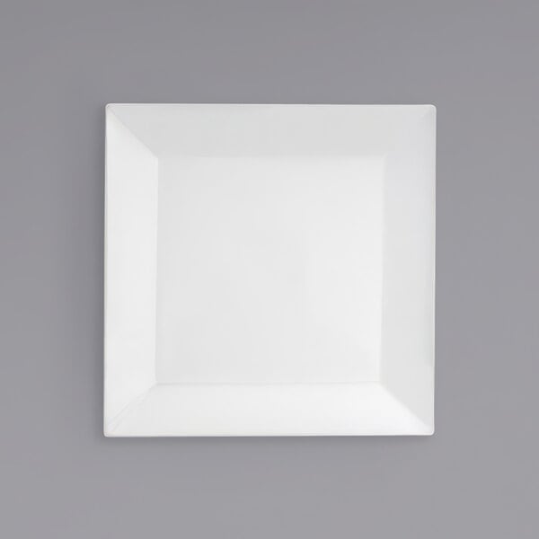 A white square plate on a gray background.