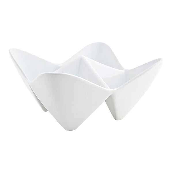 A Front of the House bright white porcelain bowl with 4 triangle-shaped compartments.