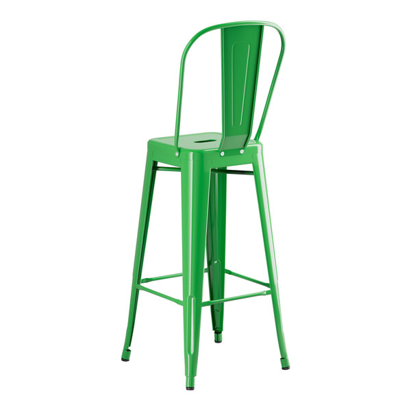 A Lancaster Table & Seating jade green metal outdoor cafe barstool with a backrest.