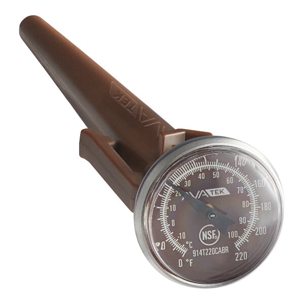 A brown AvaTek 5-inch HACCP pocket probe dial thermometer with a calibration wrench, designed for cooked meat.