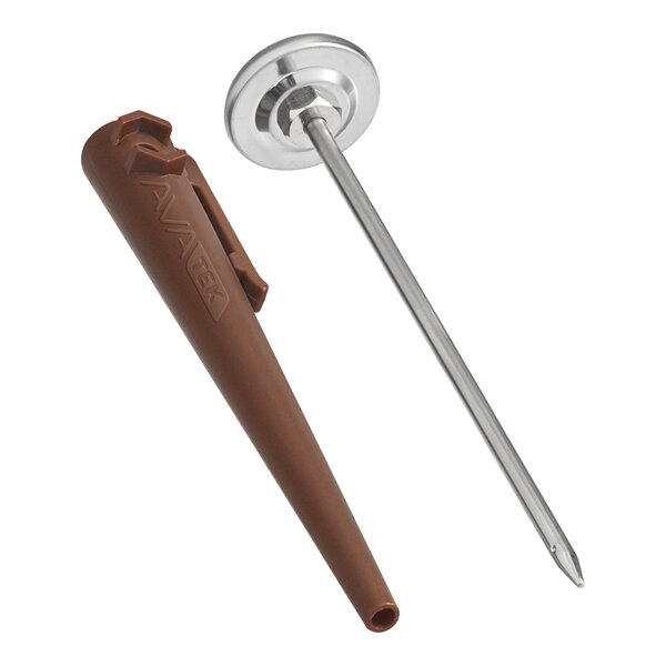 A 5-inch pocket probe dial thermometer with a brown calibration wrench, designed for cooked meat.
