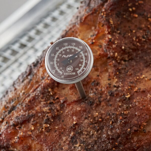 A dial probe thermometer inserted into a piece of cooked, seasoned meat.