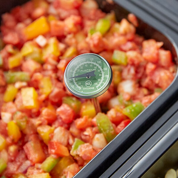 Person checking the internal temperature of salsa at a salad bar