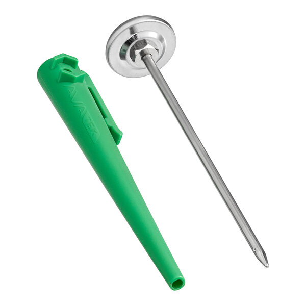 A stainless steel pocket probe dial thermometer with a green plastic sheath and calibration wrench.
