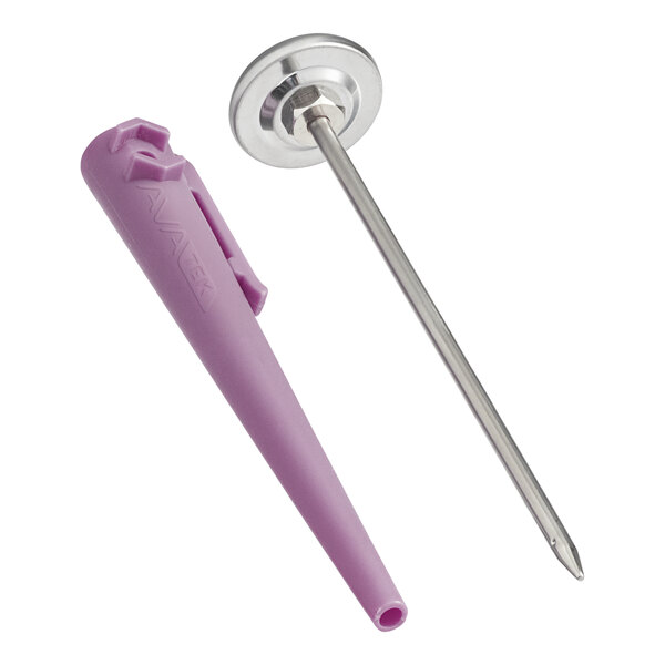 A stainless steel pocket probe dial thermometer with a purple plastic sheath and calibration wrench.