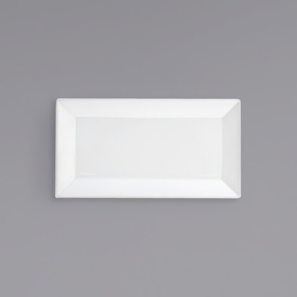 A close-up of a white rectangular Front of the House Kyoto porcelain plate.