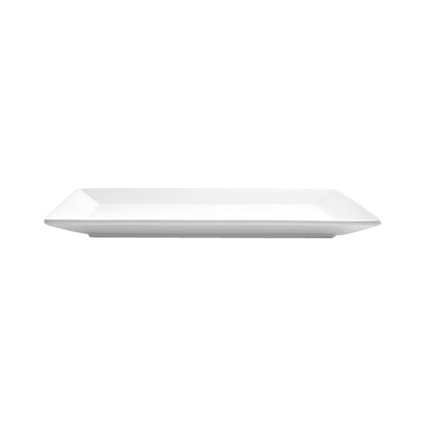 A rectangular bright white porcelain plate with slightly raised edges.