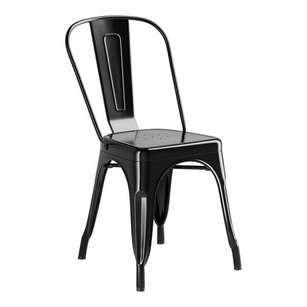 A Lancaster Table & Seating black metal outdoor cafe chair with a back and seat.