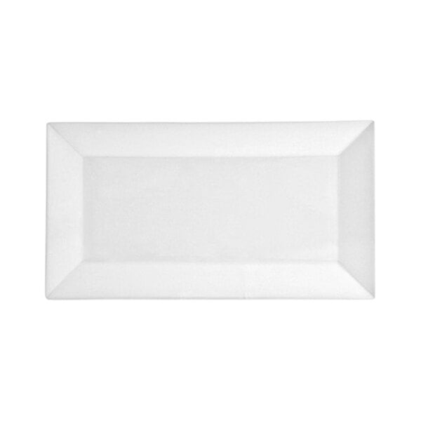 A bright white rectangular porcelain plate measuring 13 by 7 inches.